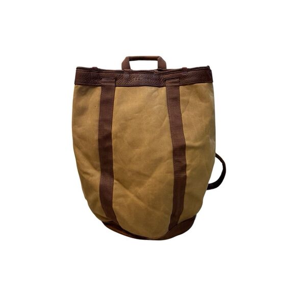 LL BEAN Canvas Leather Hiking Travel Backpack Bag Drawstring - Picture 1 of 16